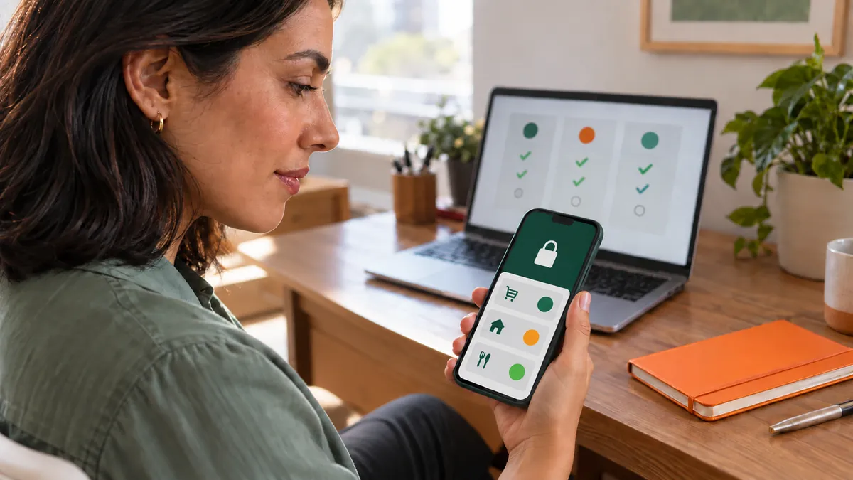 Pessoa controlando receitas e despesas pelo celular em um café