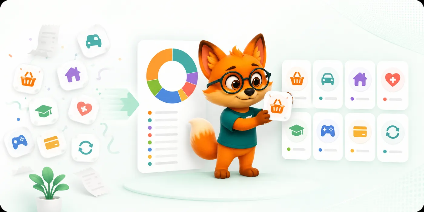 Tela de categorias do Finnly com organização por tipo